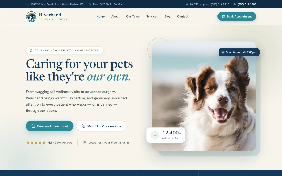 Riverbend Pet Health Center website